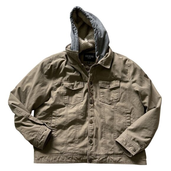 Guess Mens XXL Khaki Jacket Gray Hood Pockets Snap Close - Picture 1 of 7